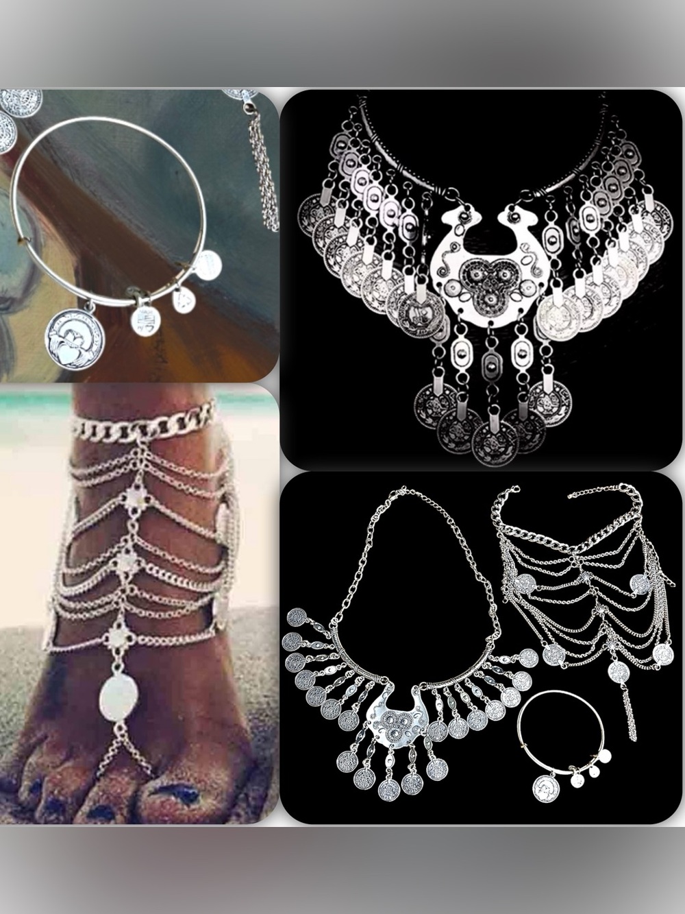 Bohemian Silver Tone Coin Charm Necklace, Bracelet & Anklet Jewelry Set
